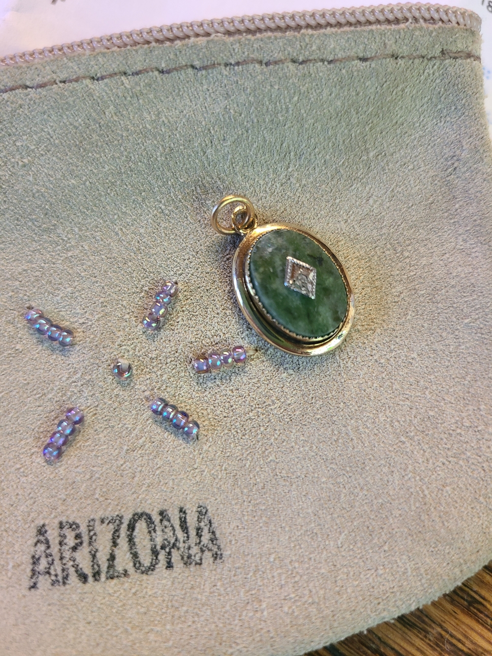 Antique Gold Green Stone Oval Pendant with Silver Accent - Picture 12 of 13